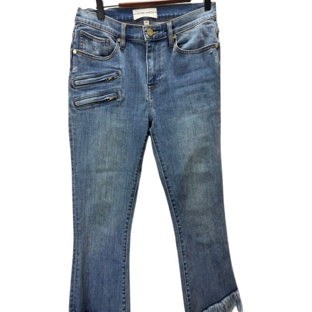 Etienne Marcel Los Angeles Crop Fringe Jeans Zipper Detail Blue Denim Size 28